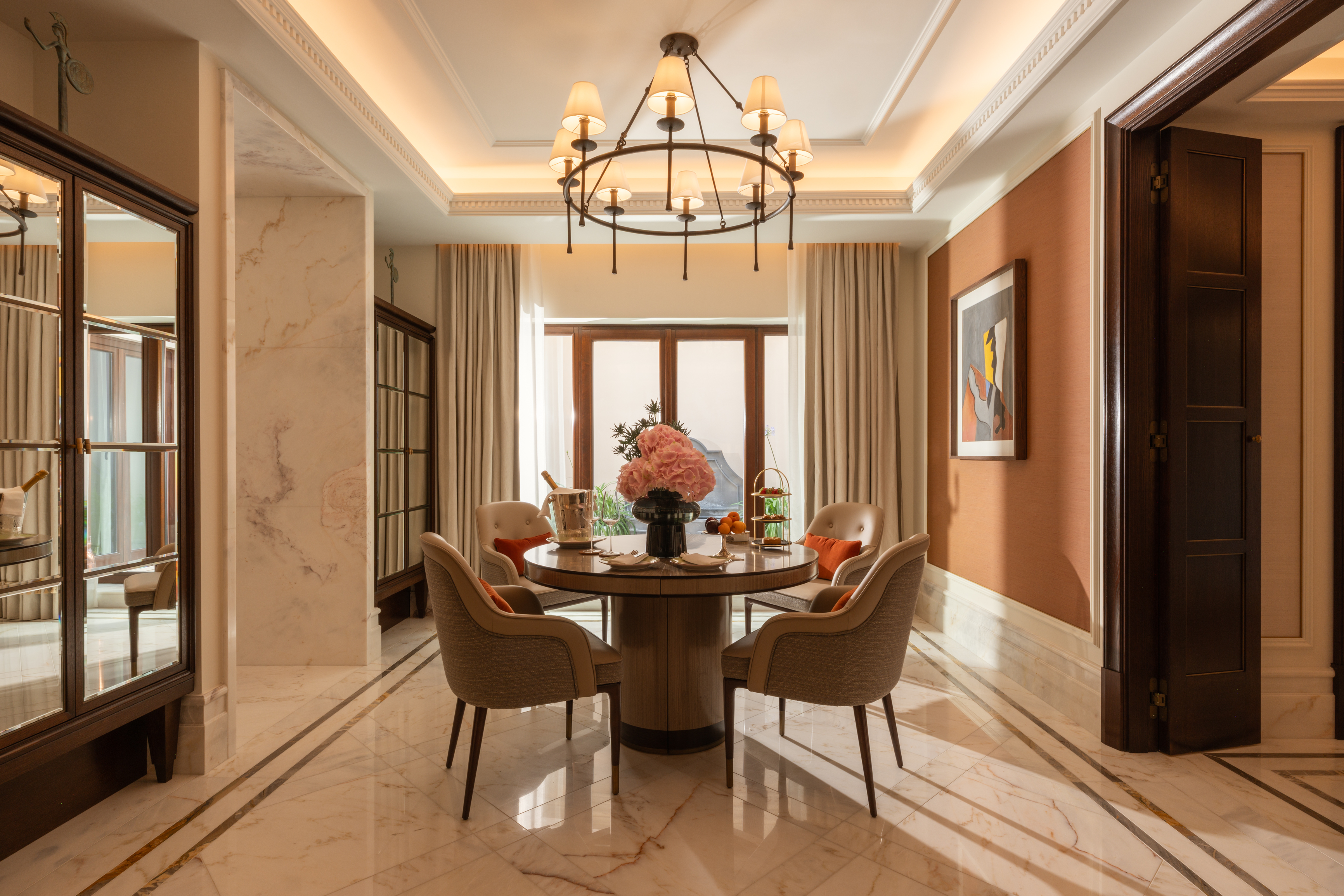Dining table with welcome amenities in the Chigi Suite, Corinthia Rome