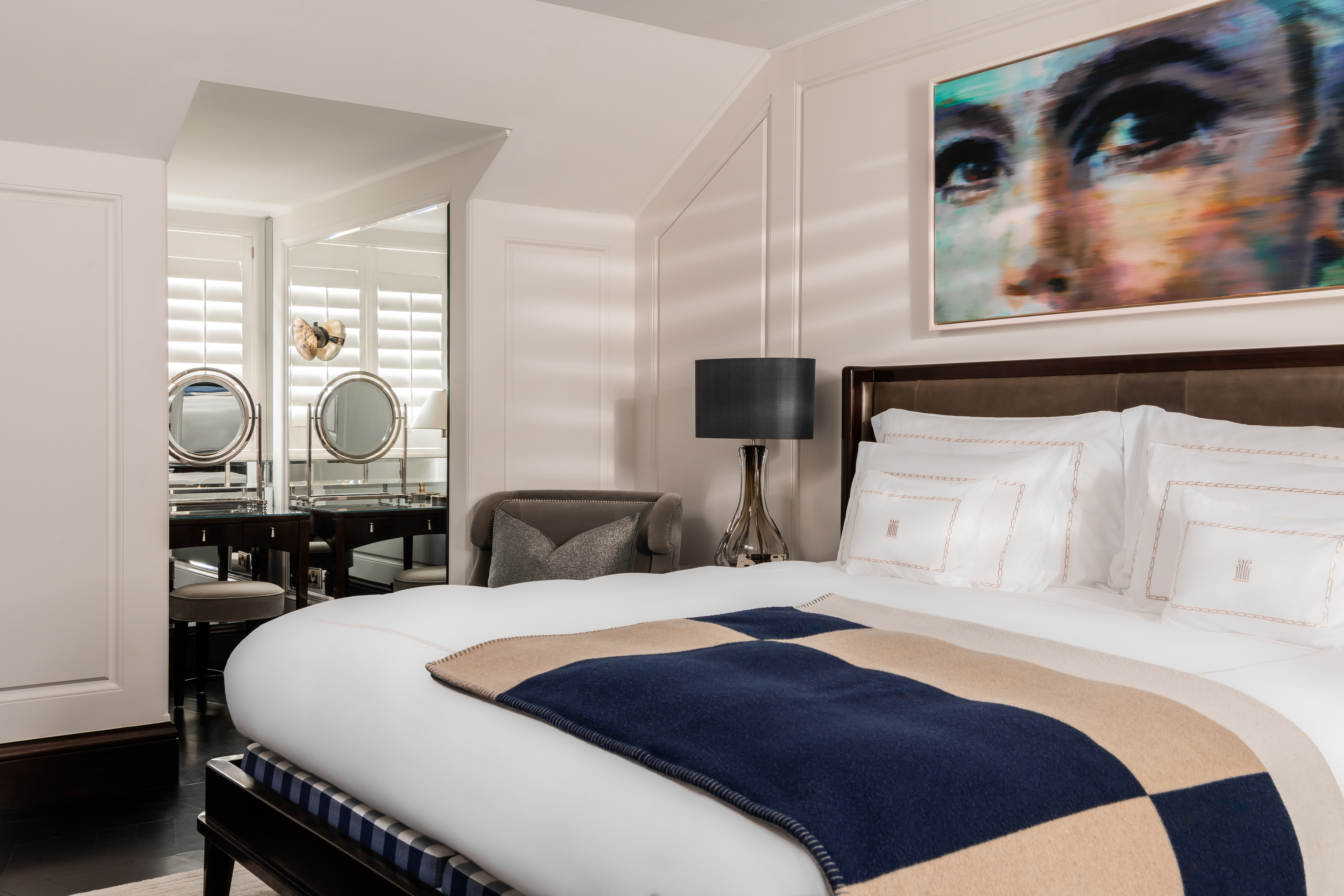 Penthouse suite bedroom at Corinthia London luxury hotel near Trafalgar Square and the River Thames 