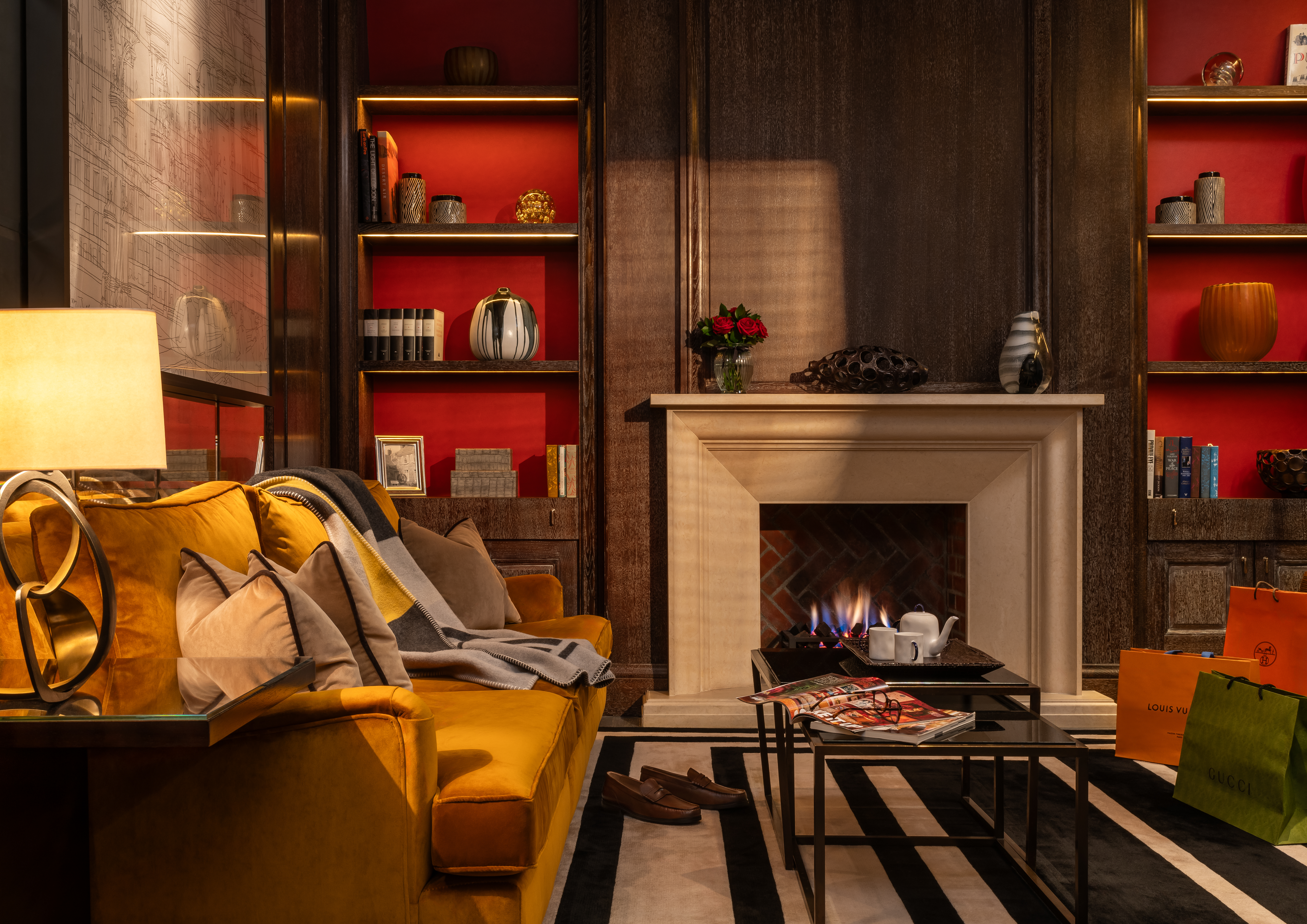 Whitehall Penthouse living room with fireplace at Corinthia London luxury hotel near Westminster