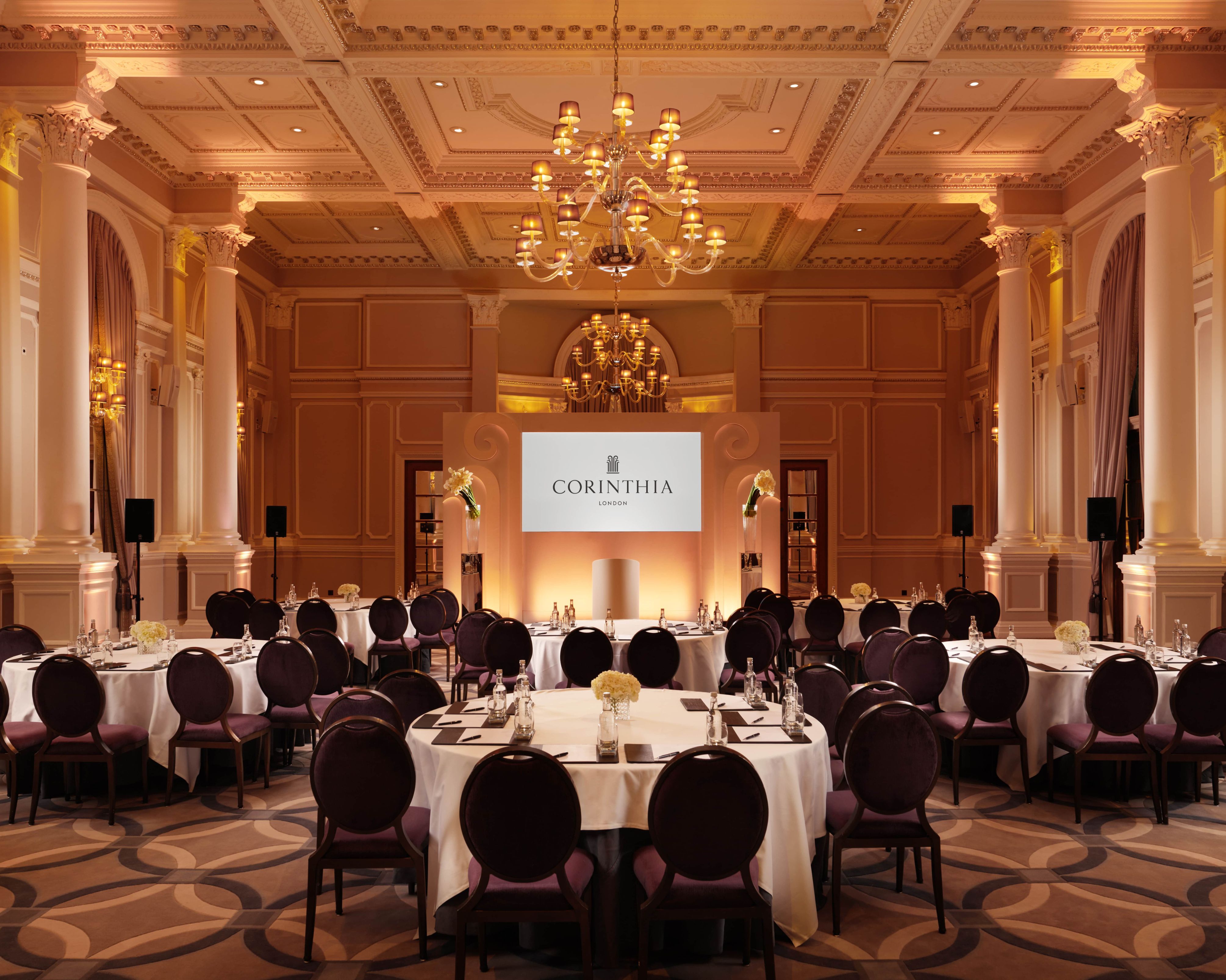 Grand ballroom at Corinthia London five-star hotel near Trafalgar Square, set for private events.