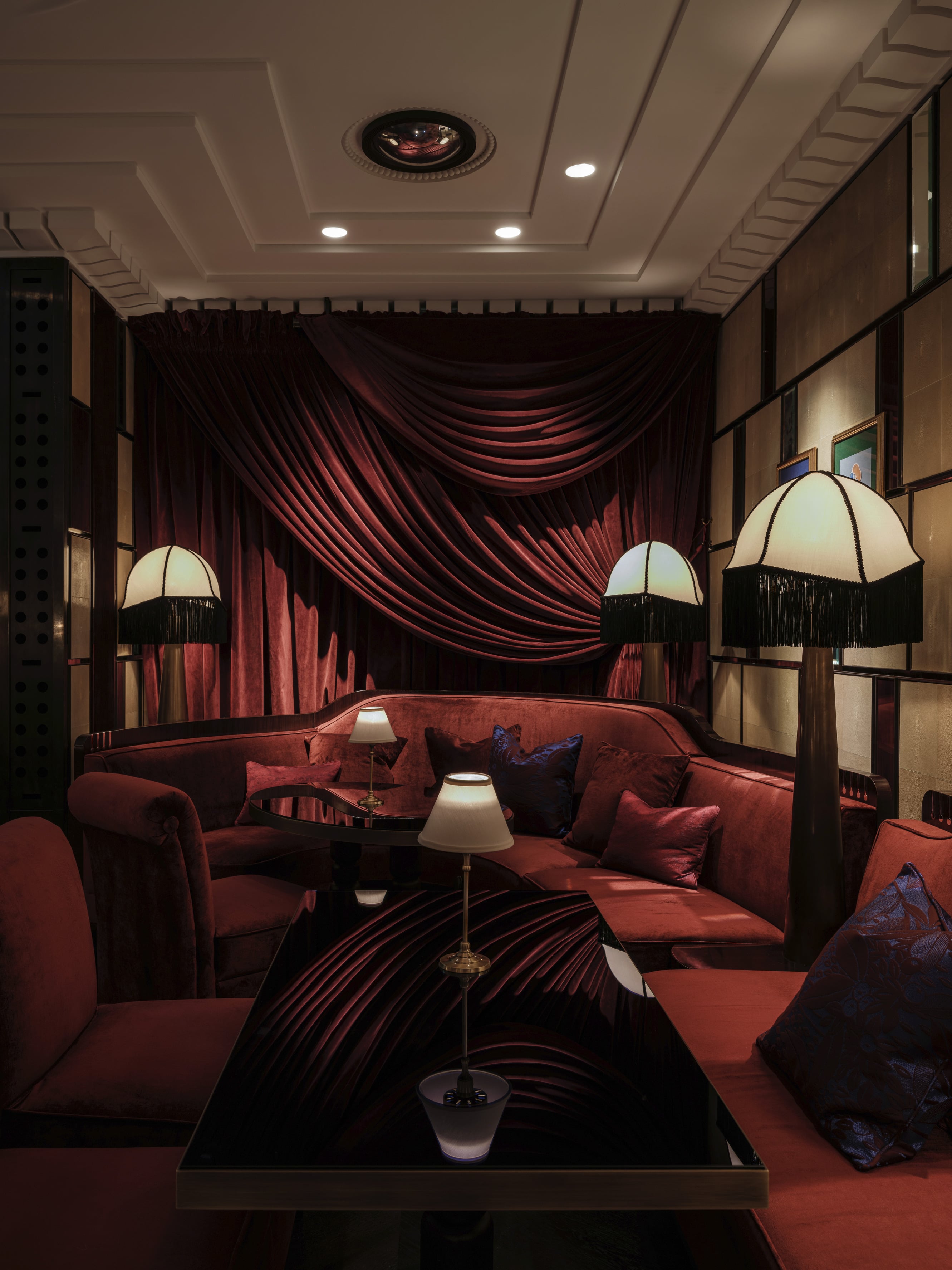 Intimate seating at Velvet by Salvatore Calabrese, luxury cocktail bar at Corinthia London five-star hotel by the River Thames.