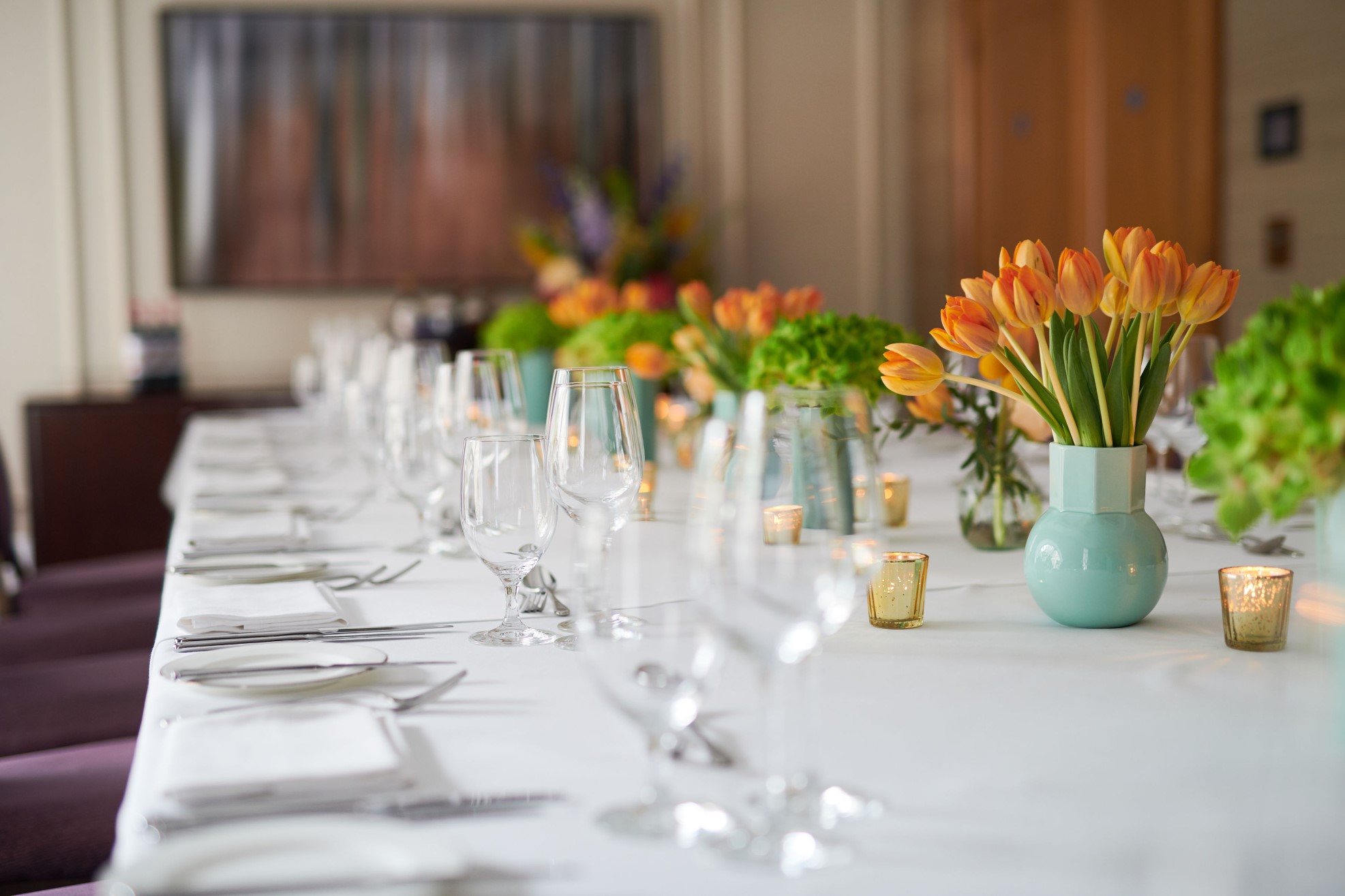 Dinner table details in a meeting room