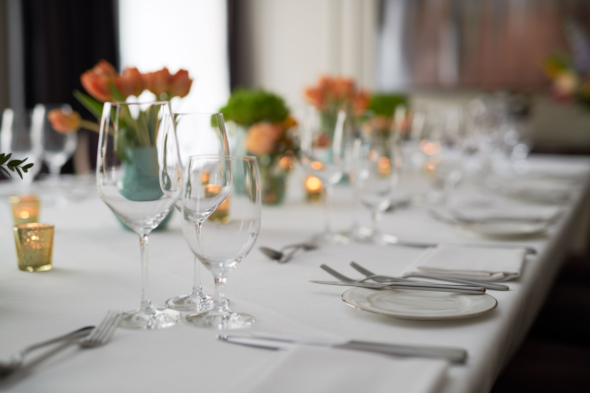 Dinner table details in a meeting room