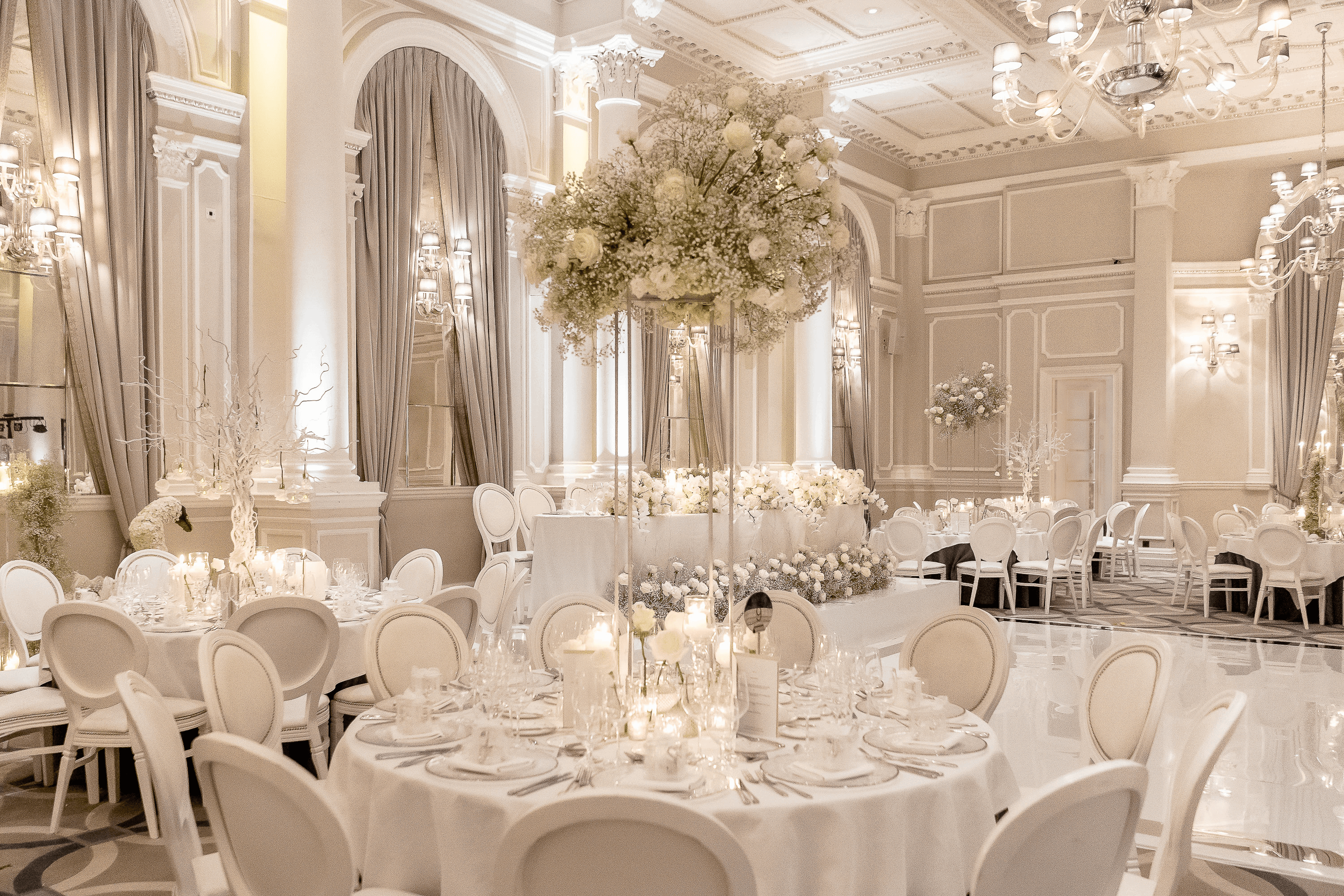 Ballroom in a white wedding set up