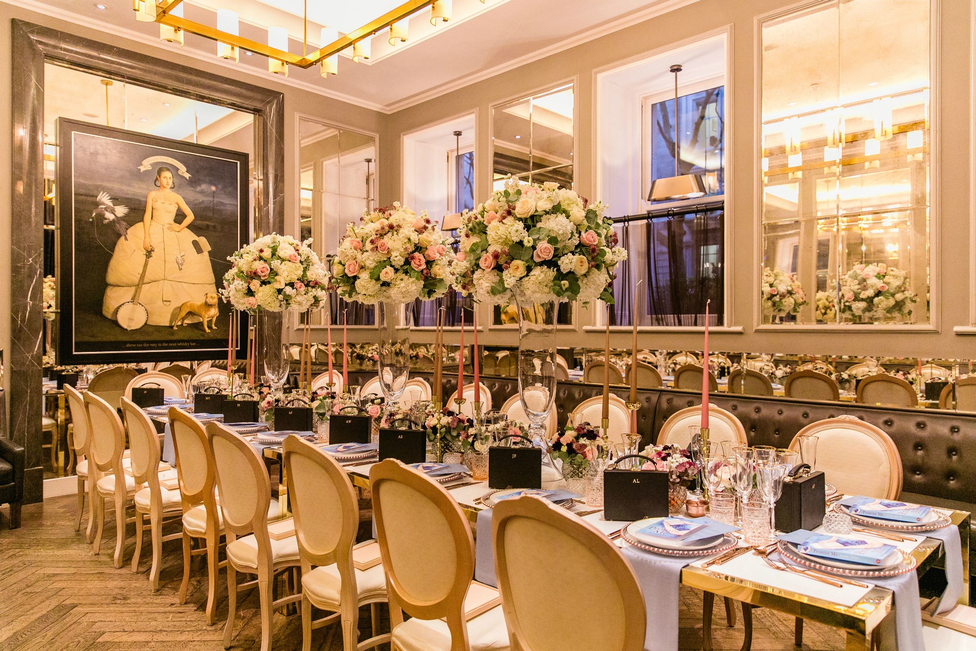 Elegant wedding reception setup in the Northall private dining room at Corinthia London luxury hotel near Westminster