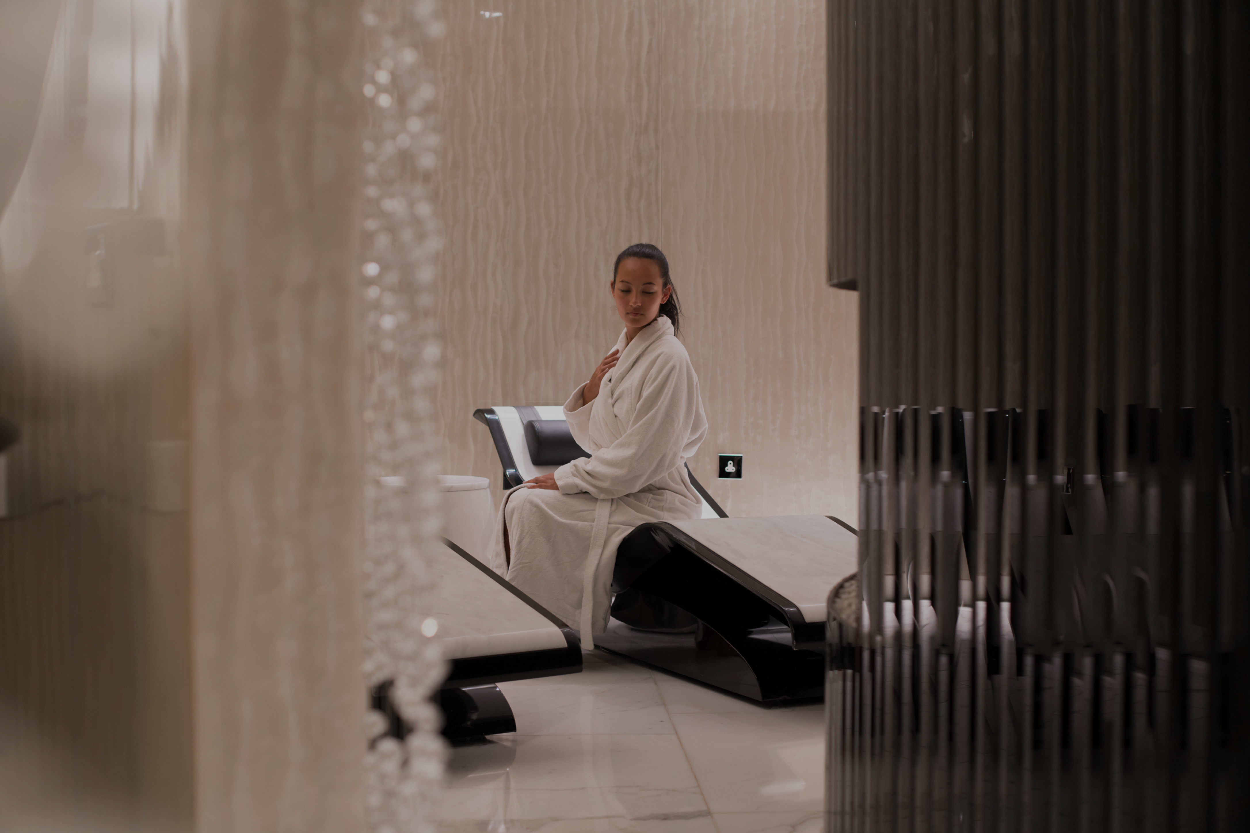 Guest unwinding after Day Spa Experience offer at ESPA Life spa, luxury Corinthia London hotel near Trafalgar Square